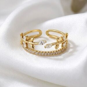 14K Gold Plated Leaf Ring with Dainty Zircon Stone | Adjustable Open Ring